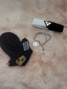 Miu Miu Black and White Hair Clip Set with Silver Charm Bracelet